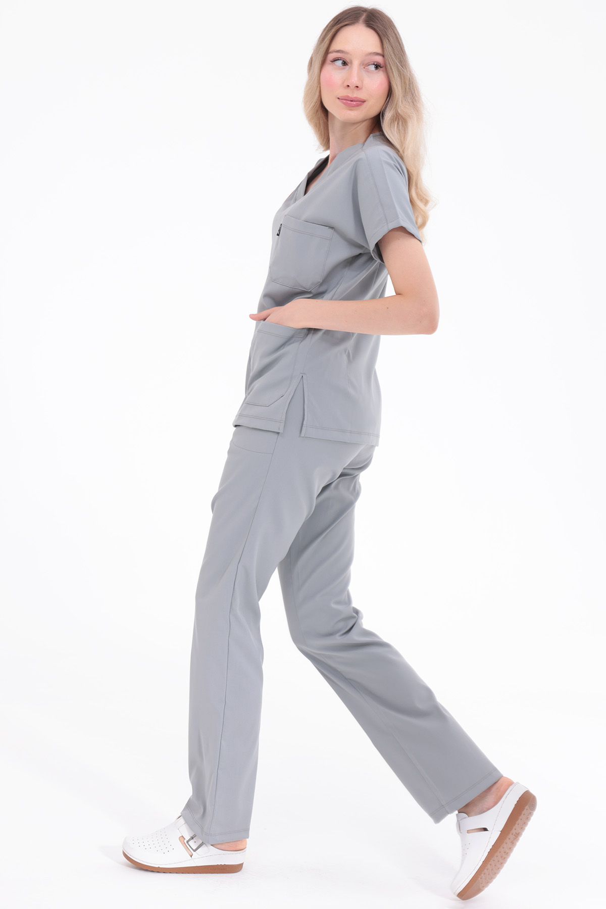 Spaniard - Teknik Hizmetler Forması Likralı Scrubs (Kadın) (Yeni Yönetmeliğe Uygun - Neutral Gray) (Takım)