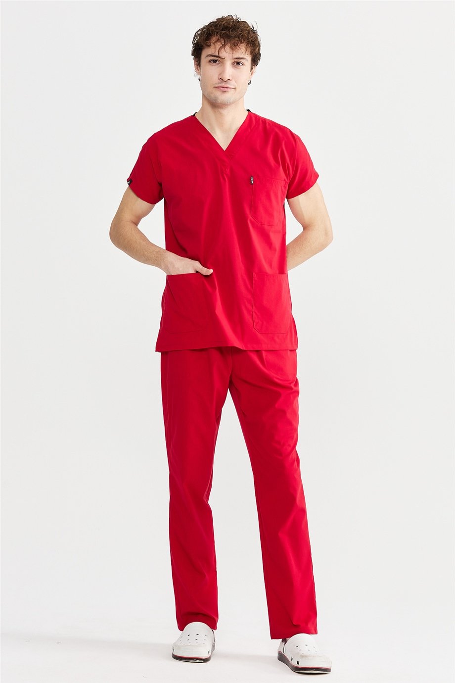 UltraLycra Basic - Likralı Doktor Hemşire Forma Takımı Scrubs Üniforma Cerrahi Takım (UNISEX), Kırmızı