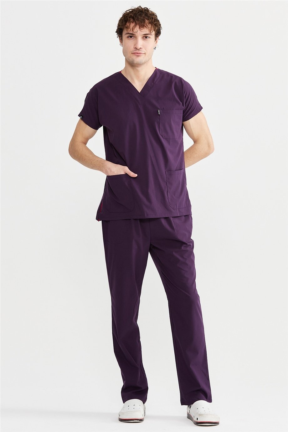 UltraLycra Basic - Likralı Doktor Hemşire Forma Takımı Scrubs Üniforma Cerrahi Takım (UNISEX), Koyu Mor