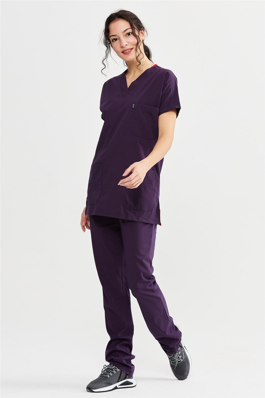 UltraLycra Basic - Likralı Doktor Hemşire Forma Takımı Scrubs Üniforma Cerrahi Takım (UNISEX), Koyu Mor