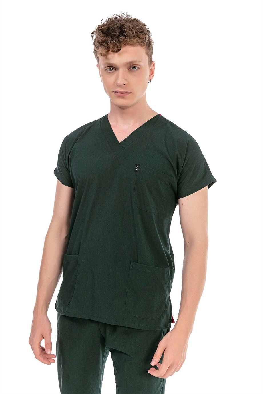 UltraLycra Basic - Likralı Doktor Hemşire Scrubs Tek Üst Cerrahi Forma (UNISEX), Koyu Yeşil