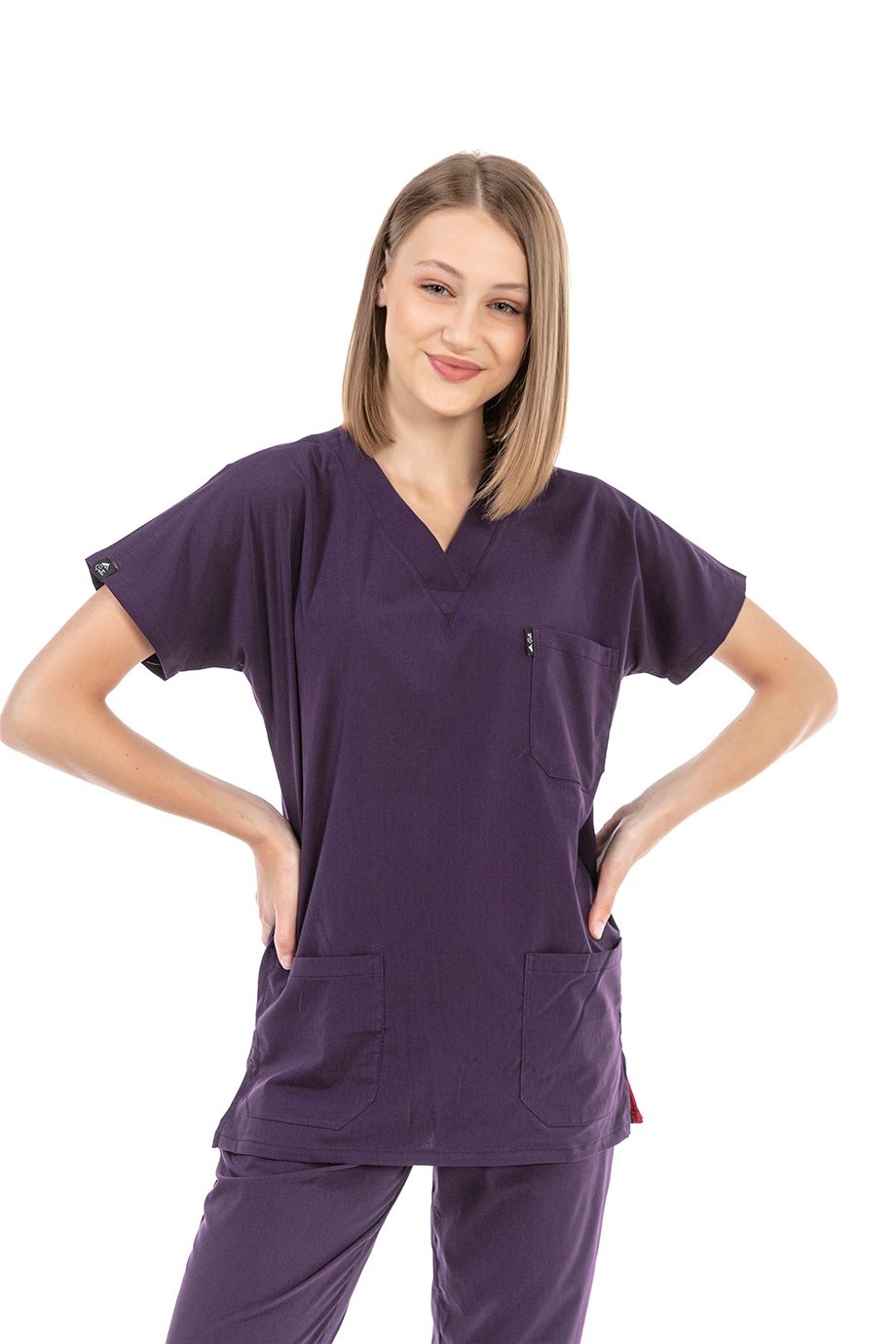 UltraLycra Basic - Likralı Doktor Hemşire Scrubs Tek Üst Cerrahi Forma (UNISEX), Koyu Mor