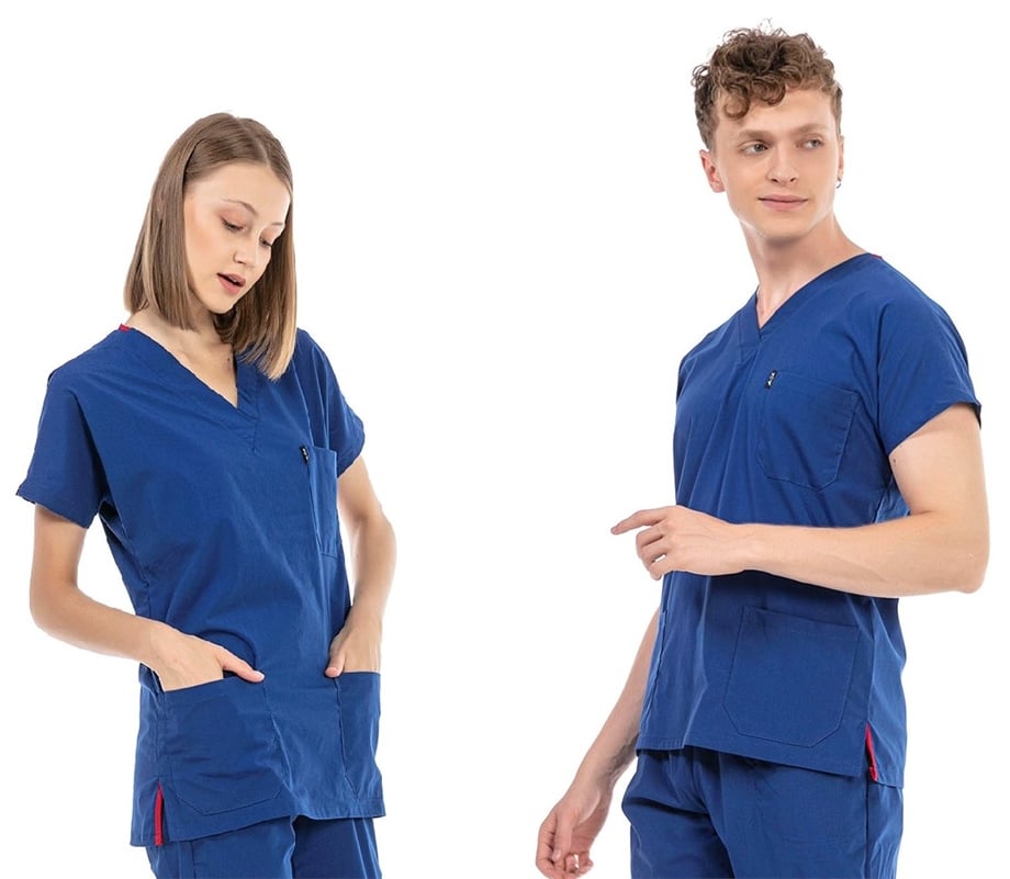 UltraLycra Basic - Likralı Doktor Hemşire Scrubs Tek Üst Cerrahi Forma (UNISEX), Saks