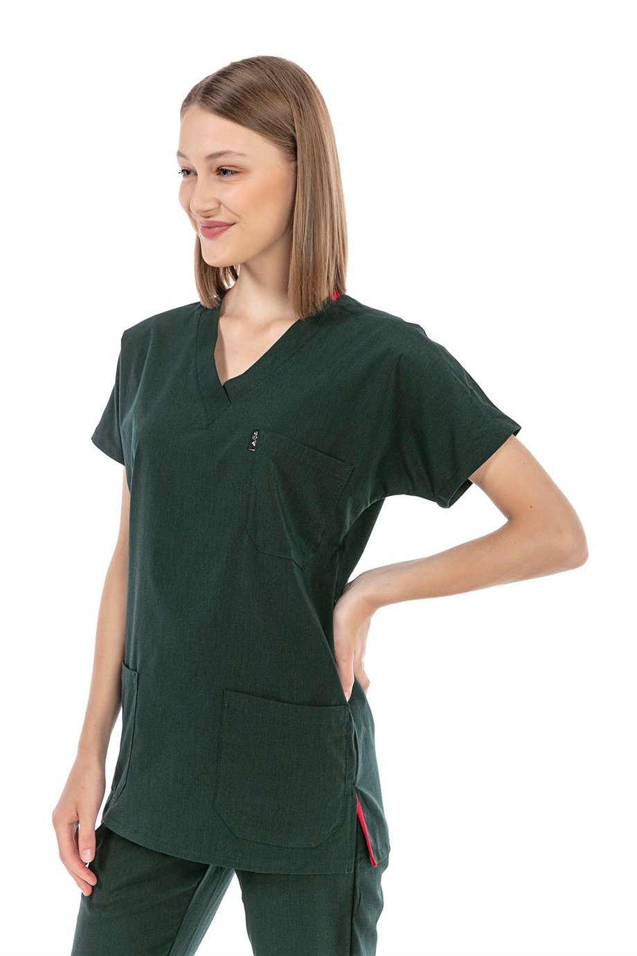 UltraLycra Basic - Likralı Doktor Hemşire Scrubs Tek Üst Cerrahi Forma (UNISEX), Koyu Yeşil
