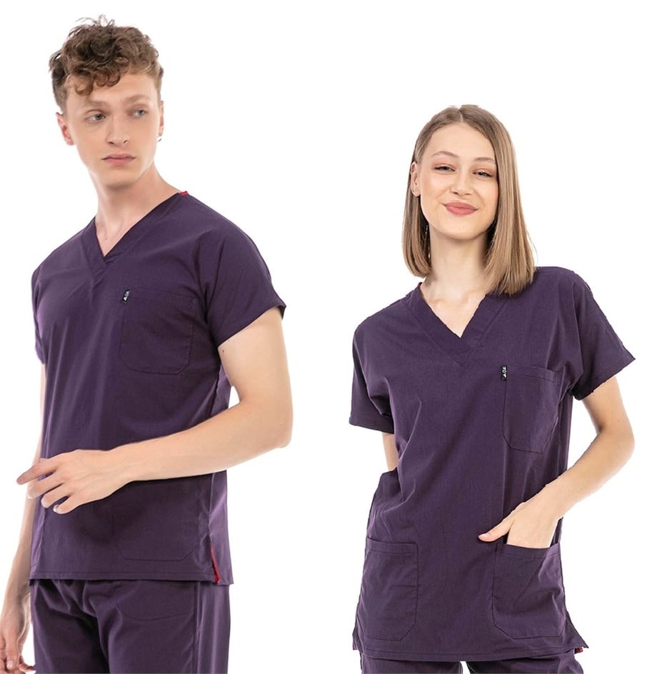 UltraLycra Basic - Likralı Doktor Hemşire Scrubs Tek Üst Cerrahi Forma (UNISEX), Koyu Mor