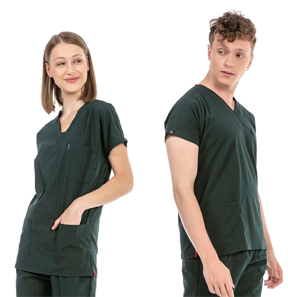 UltraLycra Basic - Likralı Doktor Hemşire Scrubs Tek Üst Cerrahi Forma (UNISEX), Koyu Yeşil