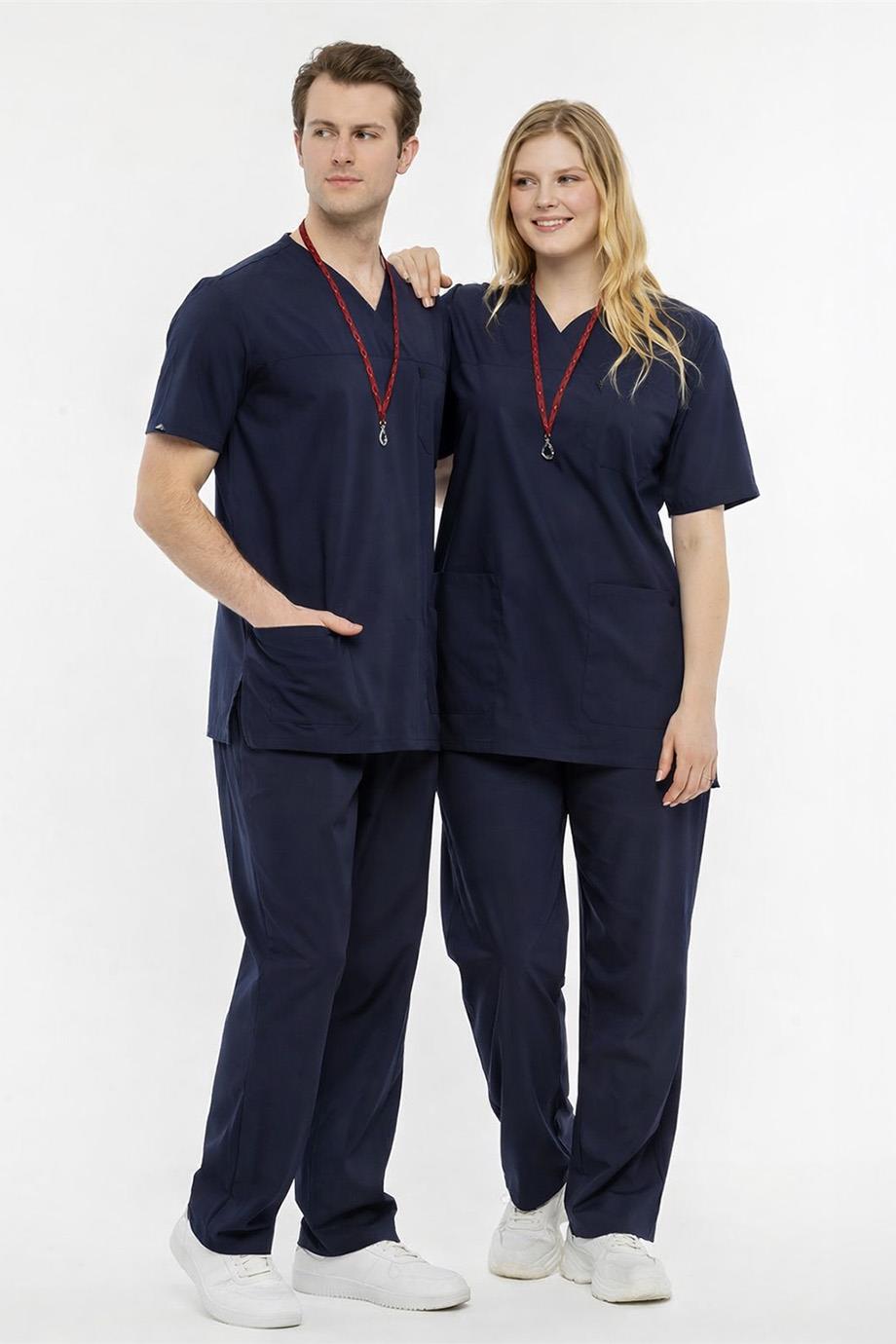 UltraLycra Comfy - Büyük Beden Likralı Doktor Hemşire Forma Takımı Scrubs Üniforma Cerrahi Takım (UNISEX), Lacivert