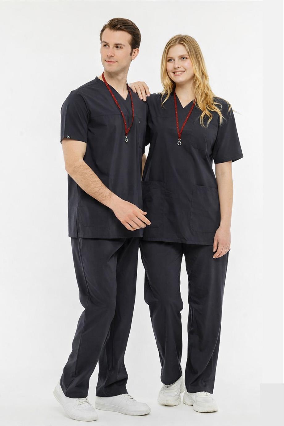 UltraLycra Comfy - Büyük Beden Likralı Doktor Hemşire Forma Takımı Scrubs Üniforma Cerrahi Takım (UNISEX), Antrasit