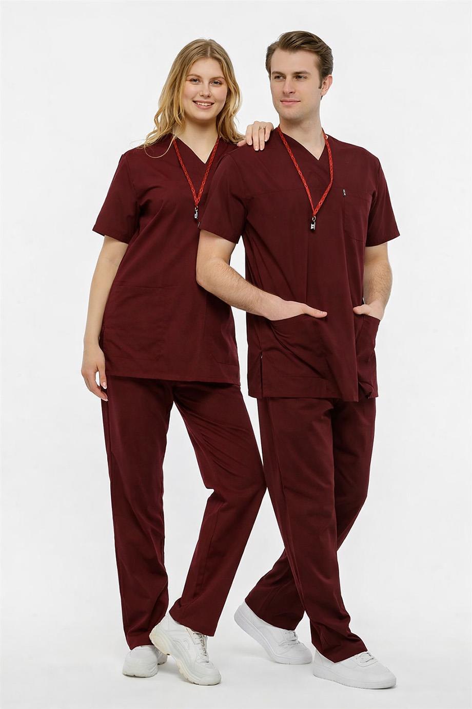 UltraLycra Comfy - Büyük Beden Likralı Doktor Hemşire Forma Takımı Scrubs Üniforma Cerrahi Takım (UNISEX), Bordo