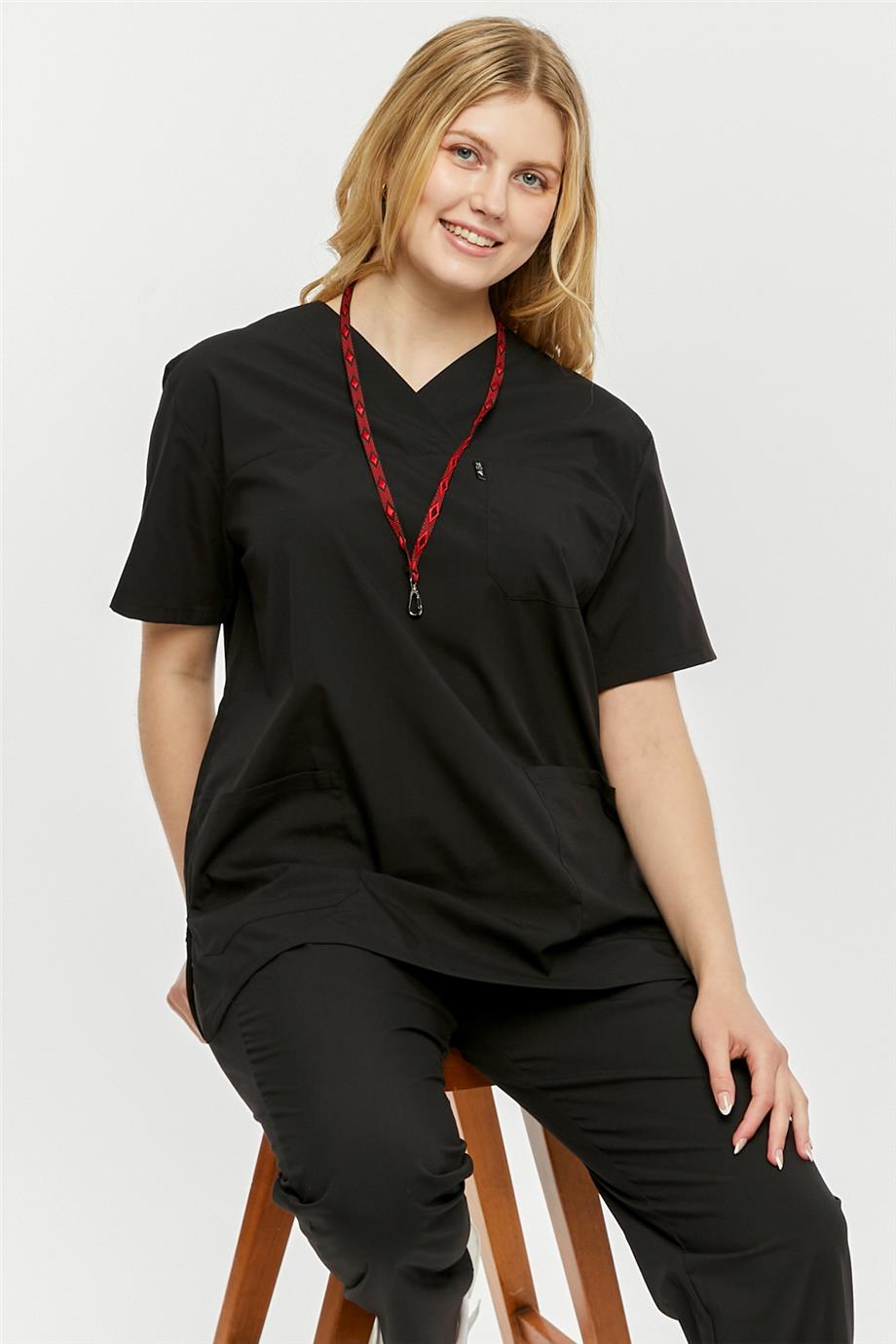 UltraLycra Comfy - Büyük Beden Likralı Doktor Hemşire Forma Takımı Scrubs Üniforma Cerrahi Takım (UNISEX), Siyah