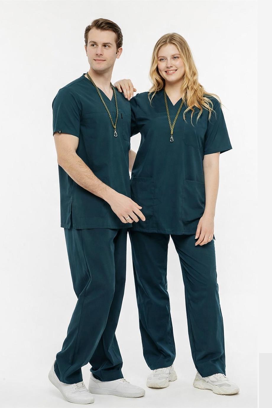 UltraLycra Comfy - Büyük Beden Likralı Doktor Hemşire Forma Takımı (UNISEX), Koyu Yeşil