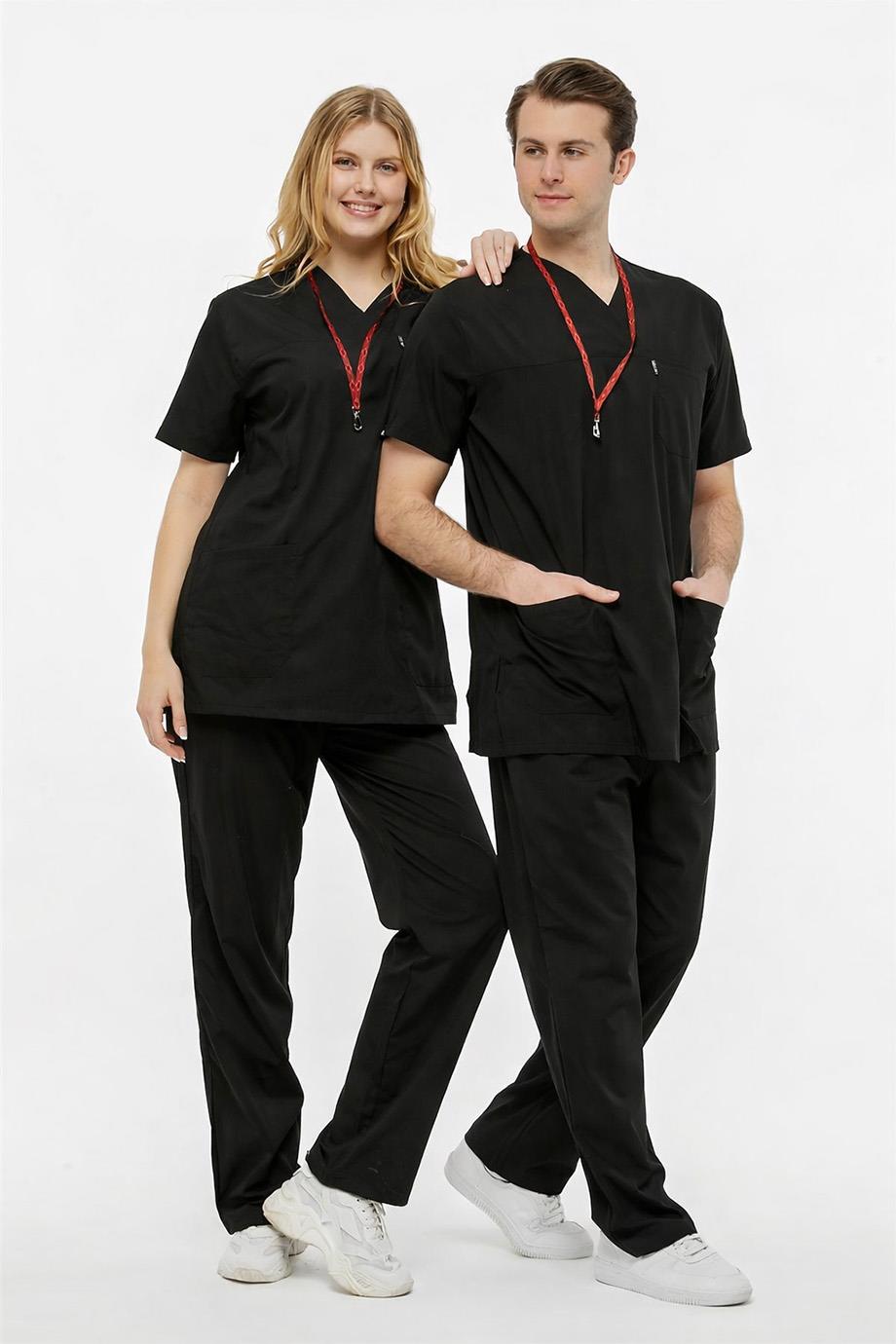 UltraLycra Comfy - Büyük Beden Likralı Doktor Hemşire Forma Takımı Scrubs Üniforma Cerrahi Takım (UNISEX), Siyah