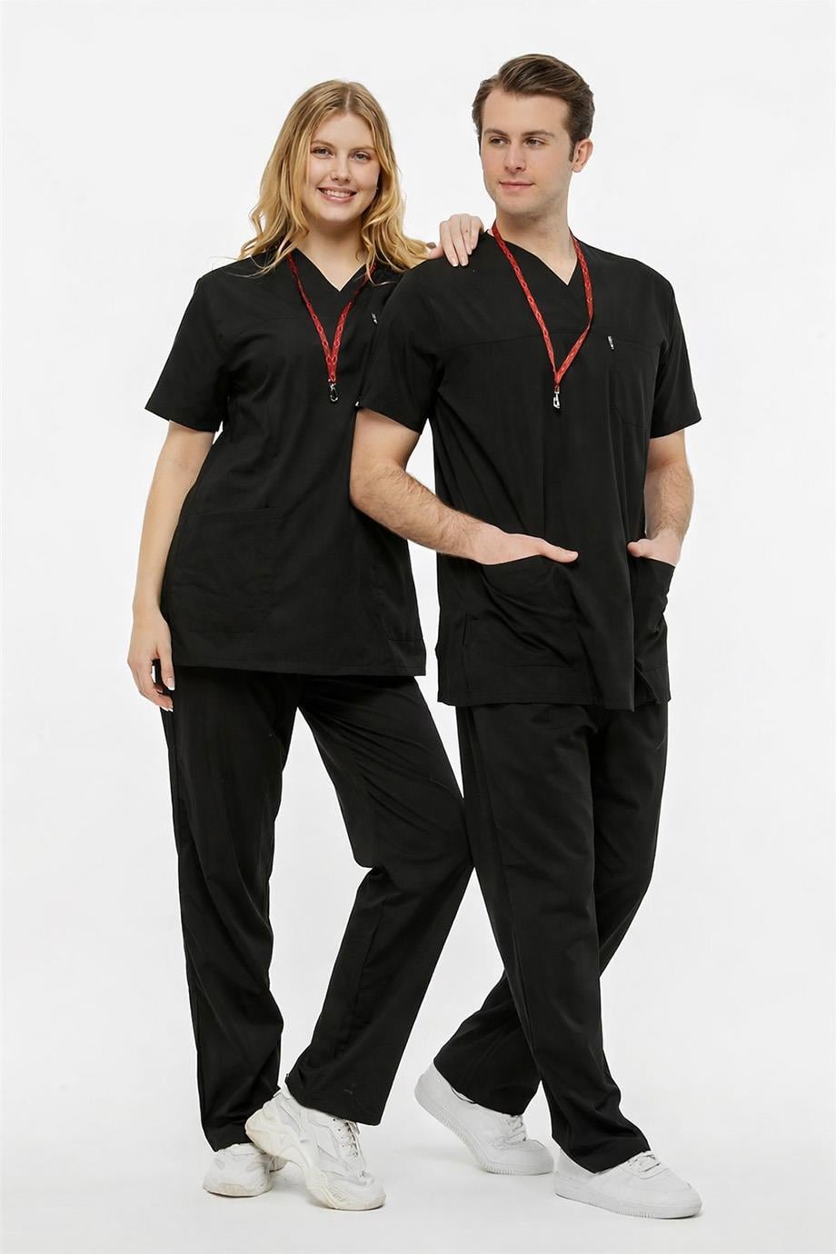UltraLycra Comfy - Büyük Beden Likralı Doktor Hemşire Forma Takımı (UNISEX), Siyah