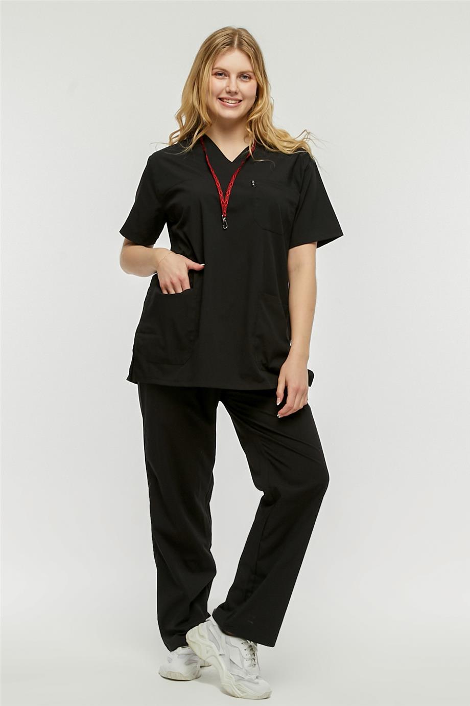 UltraLycra Comfy - Büyük Beden Likralı Doktor Hemşire Forma Takımı Scrubs Üniforma Cerrahi Takım (UNISEX), Siyah