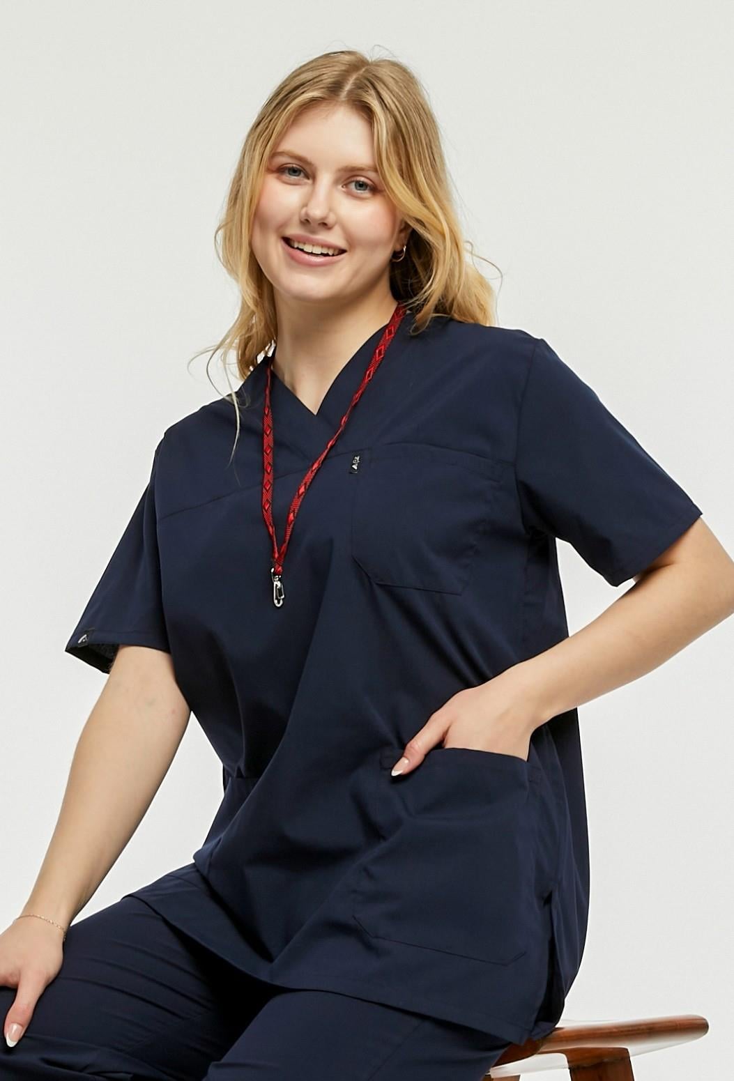 UltraLycra Comfy - Büyük Beden Likralı Doktor Hemşire Tek Üst Cerrahi Forma (UNISEX), Lacivert