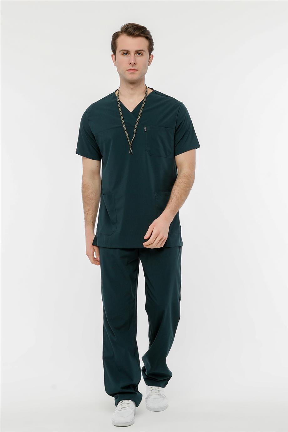 UltraLycra Comfy - Büyük Beden Likralı Doktor Hemşire Forma Takımı Scrubs Üniforma Cerrahi Takım (UNISEX), Koyu Yeşil