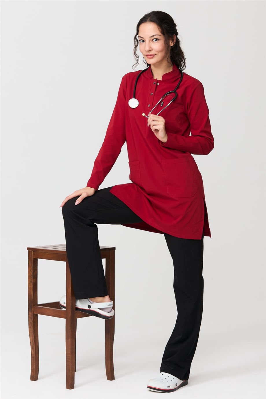 UltraLycra Harmony/Modest - Doktor Hemşire Forma Takımı, Kırmızı/Siyah