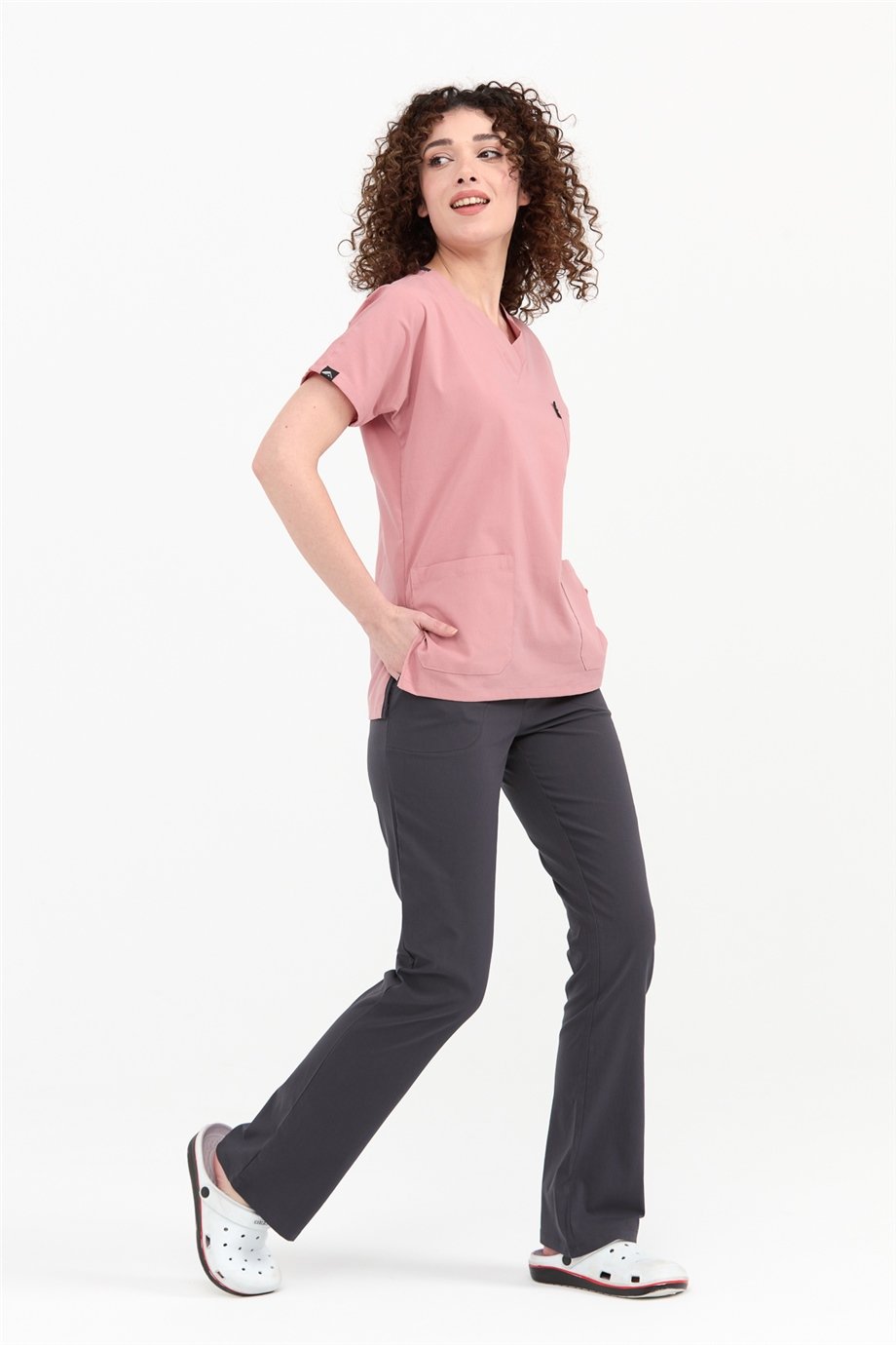 UltraLycra Harmony/Spaniard - Likralı Doktor Hemşire Forma Takımı Scrubs Üniforma Cerrahi Takım (KADIN), Bronz Pembe/Antrasit