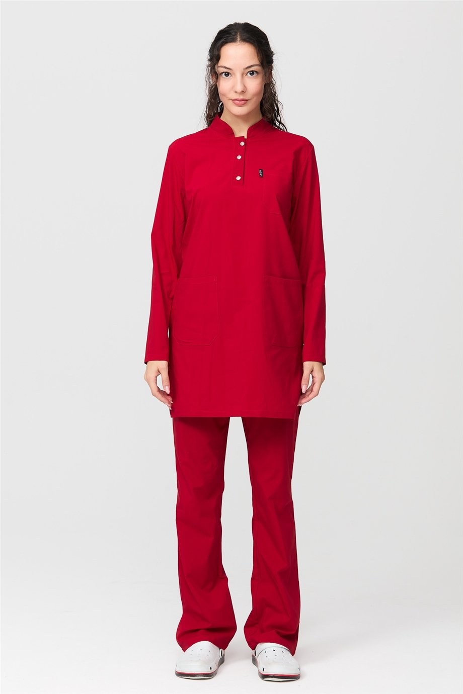 UltraLycra Modest - Likralı Doktor Hemşire Tesettür Forma Takımı Scrubs Üniforma Cerrahi Takım, Kırmızı