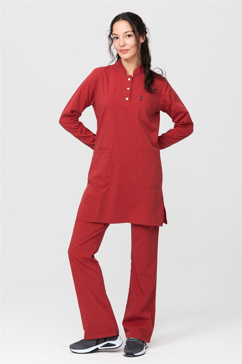 UltraLycra Modest - Likralı Doktor Hemşire Tesettür Forma Takımı Scrubs Üniforma Cerrahi Takım, Kiremit