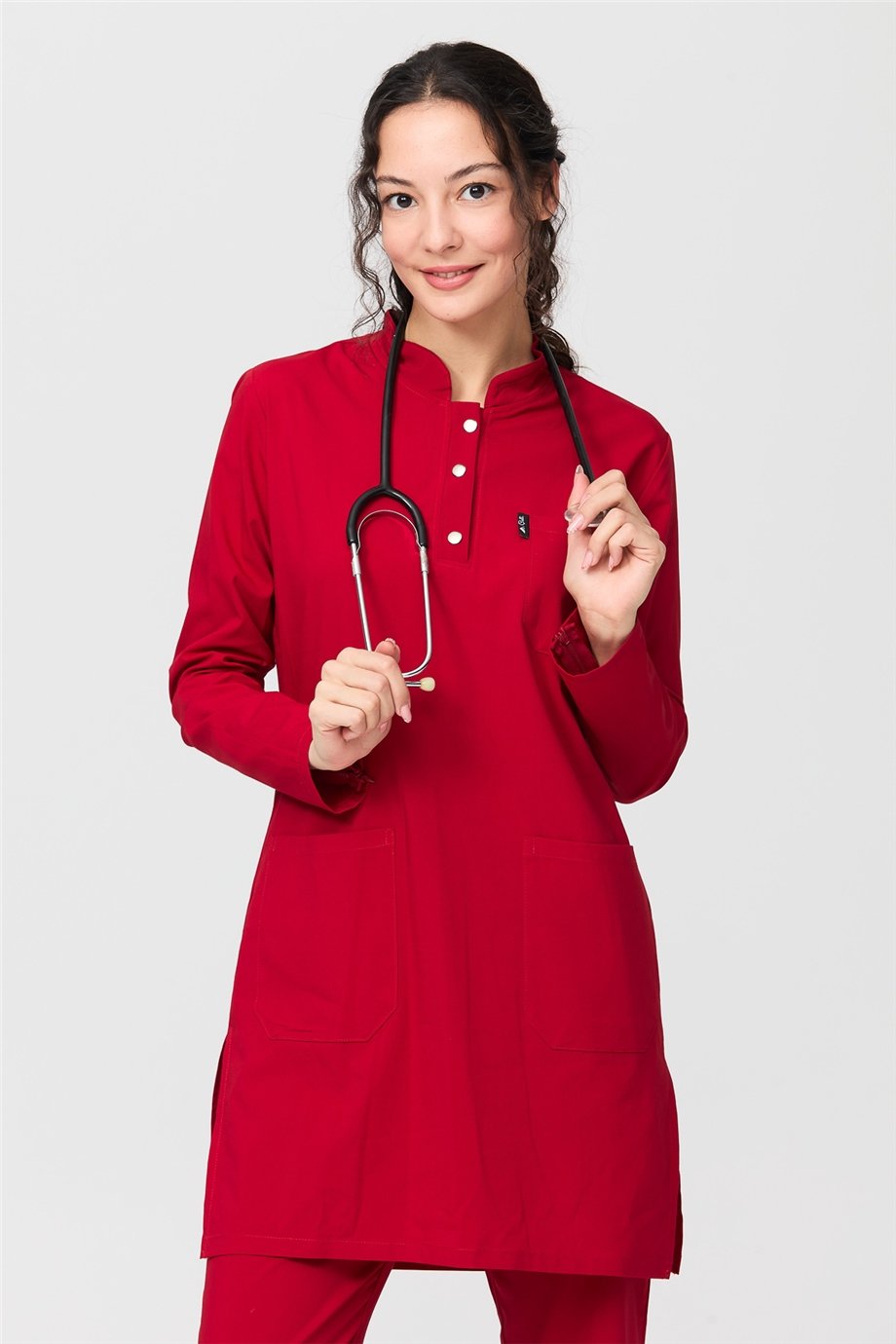 UltraLycra Modest - Likralı Doktor Hemşire Tesettür Forma Takımı Scrubs Üniforma Cerrahi Takım, Kırmızı