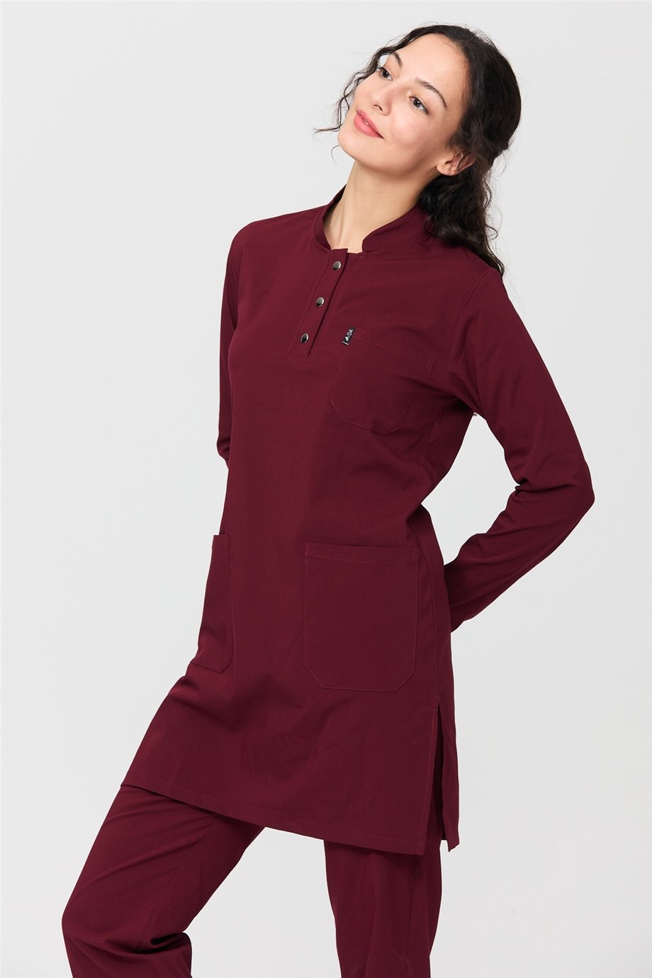 UltraLycra Modest - Likralı Doktor Hemşire Tesettür Forma Takımı Scrubs Üniforma Cerrahi Takım, Bordo