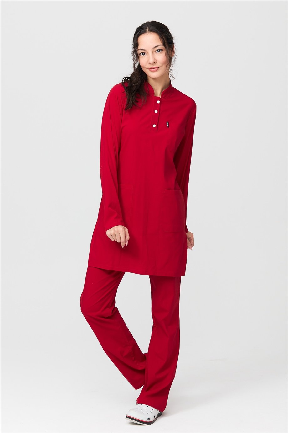 UltraLycra Modest - Likralı Doktor Hemşire Tesettür Forma Takımı Scrubs Üniforma Cerrahi Takım, Kırmızı