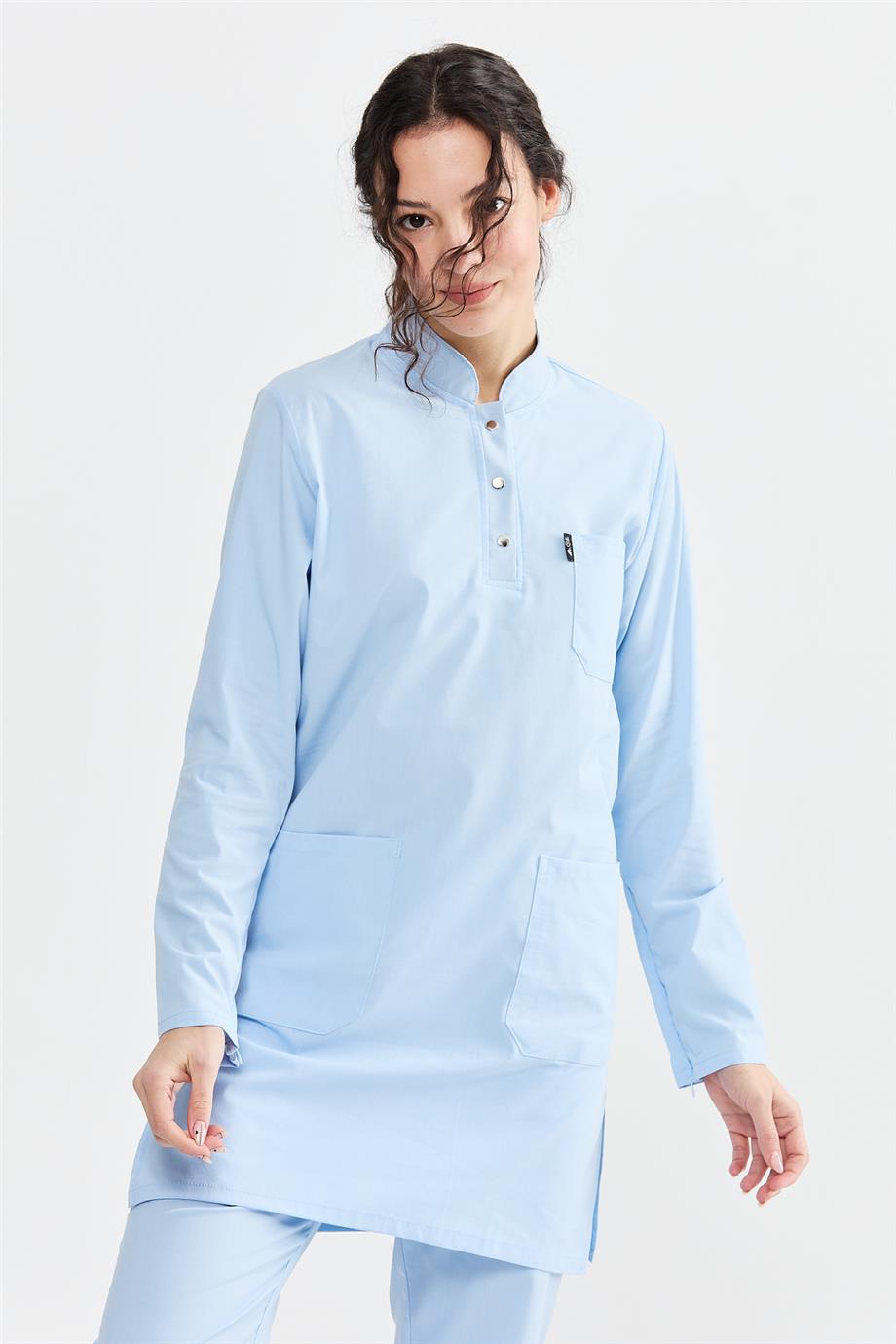 UltraLycra Modest - Likralı Doktor Hemşire Tesettür Tek Üst Forma, Buz Mavi