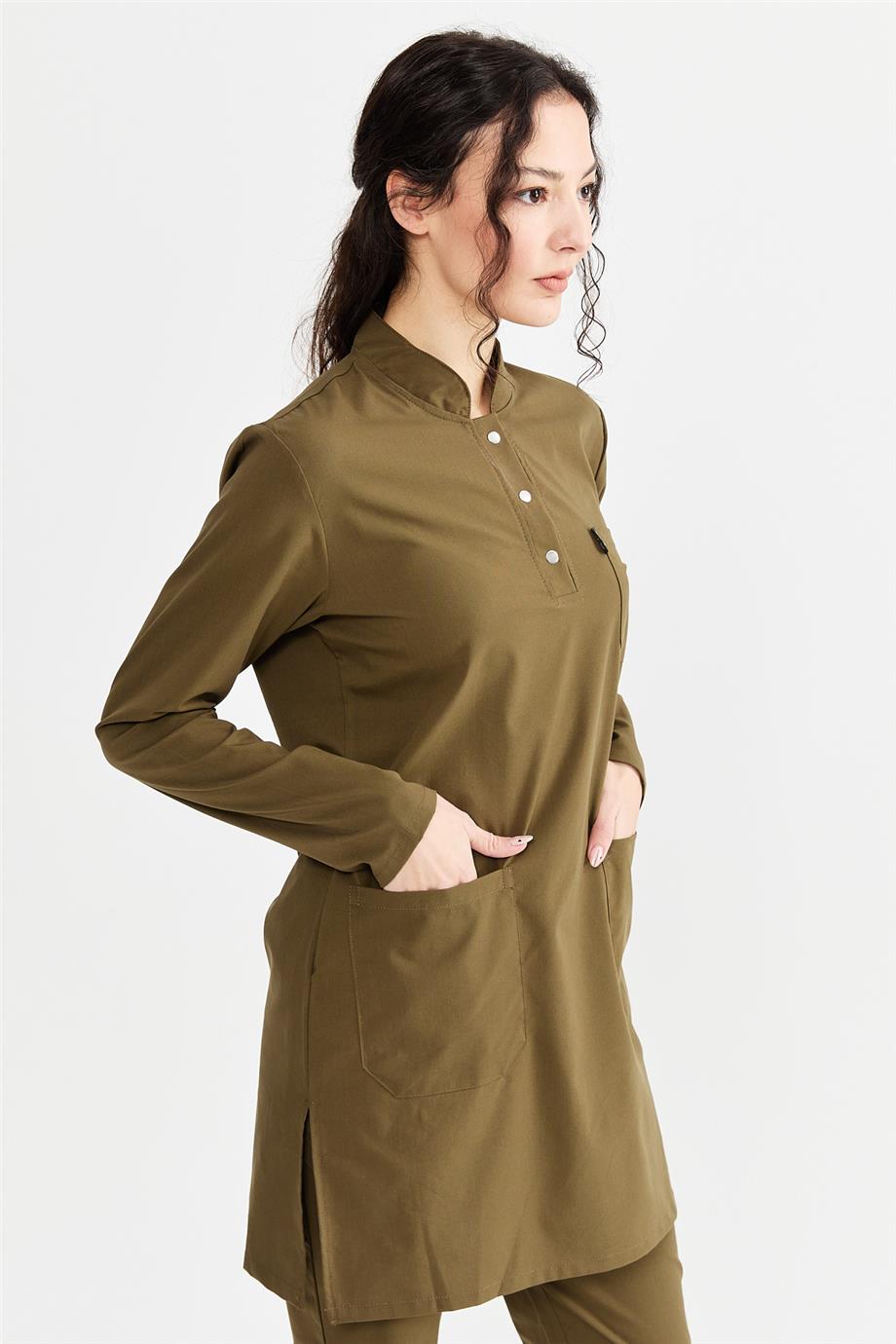 UltraLycra Modest - Likralı Doktor Hemşire Tesettür Tek Üst Forma, Haki