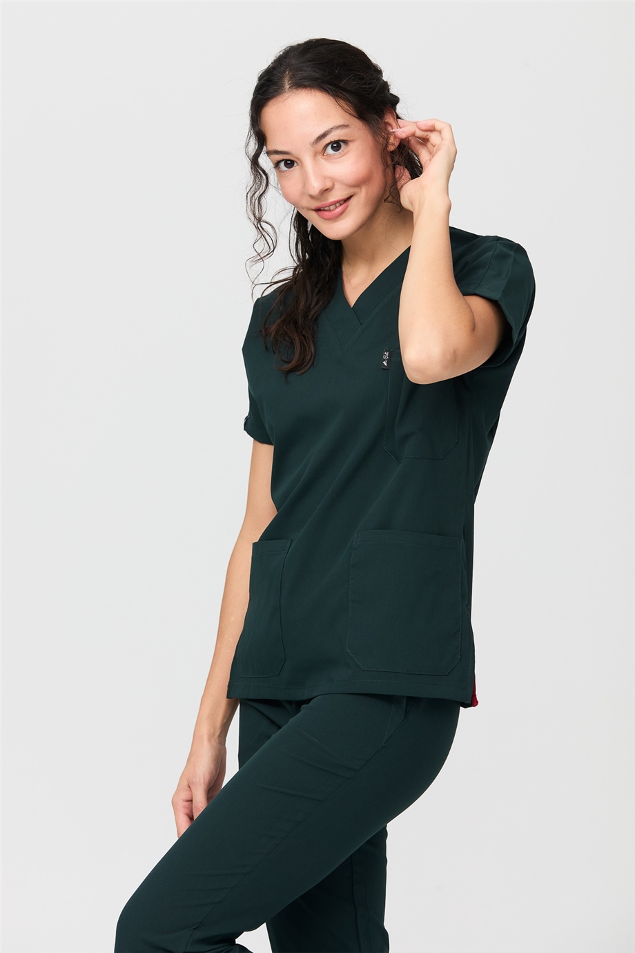 UltraLycra Spaniard - Likralı Doktor Hemşire Forma Takımı Scrubs Üniforma Cerrahi Takım (KADIN), Koyu Yeşil