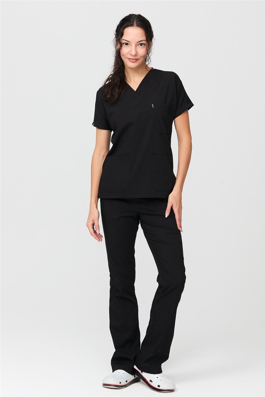 UltraLycra Spaniard - Likralı Doktor Hemşire Forma Takımı Scrubs Üniforma Cerrahi Takım (KADIN), Siyah