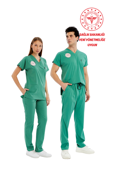 Basic - Ameliyathane Hizmetleri Forması Likralı Scrubs (Unisex) (Yeni Klavuz - Frosty Spruce) (Takım)