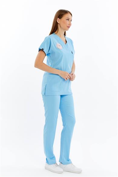 Basic - Doktor Forması Likralı Scrubs (Unisex) (Yeni Yönetmeliğe Uygun - Alaskan Blue) (Takım)