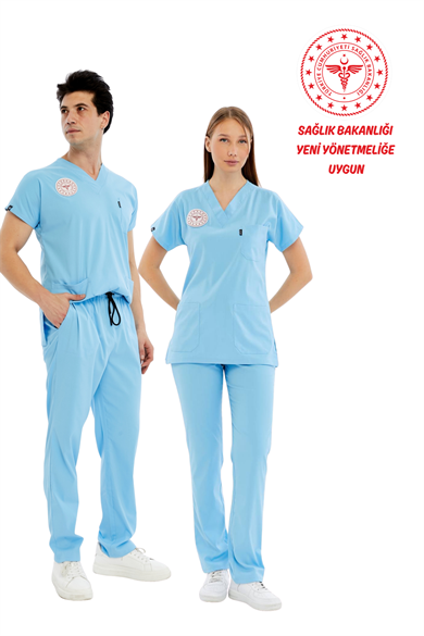 Basic - Doktor Forması Likralı Scrubs (Unisex) (Yeni Yönetmeliğe Uygun - Alaskan Blue) (Takım)