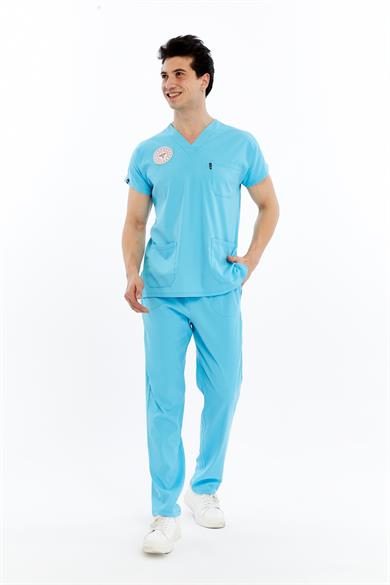 Basic - Doktor Forması Likralı Scrubs (Unisex) (Yeni Yönetmeliğe Uygun - Alaskan Blue) (Takım)