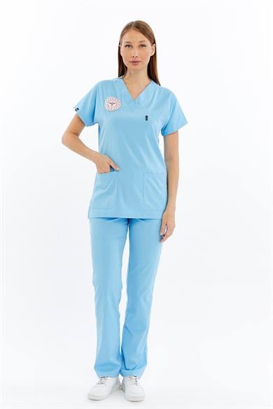 Basic - Doktor Forması Likralı Scrubs (Unisex) (Yeni Yönetmeliğe Uygun - Alaskan Blue) (Takım)