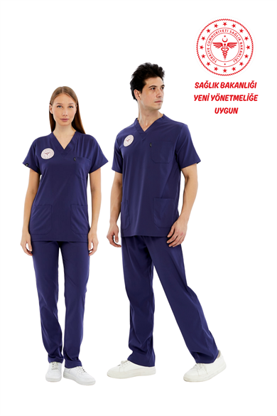 Basic - Hemşire Forması Likralı Scrubs (Unisex) (Yeni Yönetmeliğe Uygun - Patriot Blue) (Takım)