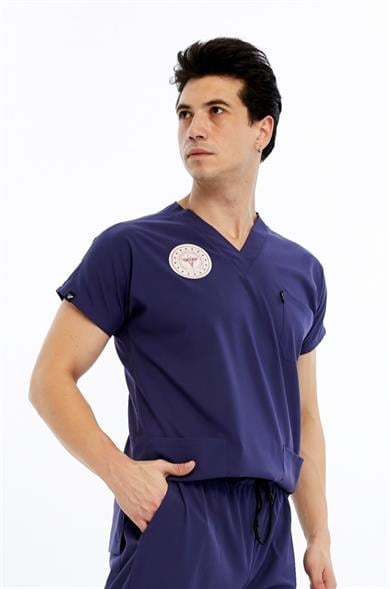 Basic - Hemşire Forması Likralı Scrubs (Unisex) (Yeni Yönetmeliğe Uygun - Patriot Blue) (Tek Üst)