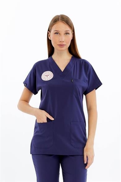 Basic - Hemşire Forması Likralı Scrubs (Unisex) (Yeni Yönetmeliğe Uygun - Patriot Blue) (Tek Üst)