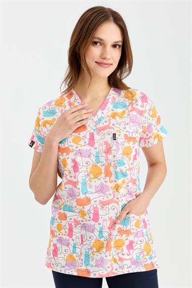 Carnival Basic -  Desenli Hemşire Doktor Veteriner Tek Üst Forma (UNISEX) / Renkli Kediler
