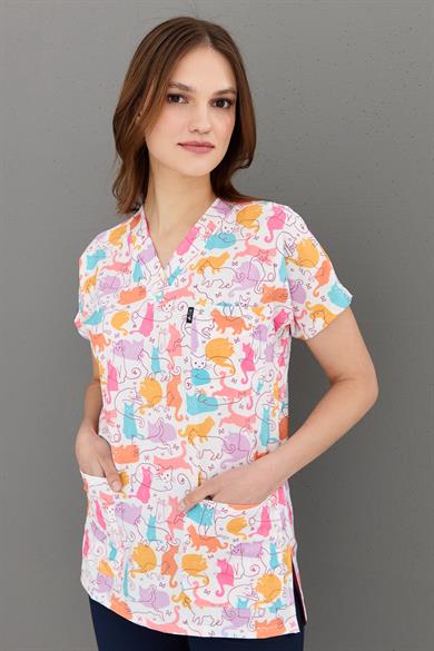 Carnival Basic -  Desenli Hemşire Doktor Veteriner Tek Üst Forma (UNISEX) / Renkli Kediler
