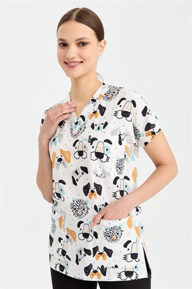 Carnival Basic -  Desenli Hemşire Doktor Veteriner Tek Üst Forma (UNISEX) / Köpek