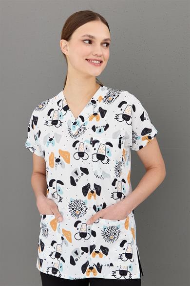 Carnival Basic -  Desenli Hemşire Doktor Veteriner Tek Üst Forma (UNISEX) / Köpek