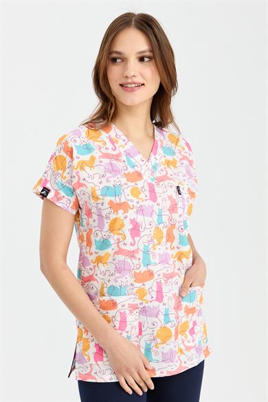 Carnival Basic -  Desenli Hemşire Doktor Veteriner Tek Üst Forma (UNISEX) / Renkli Kediler