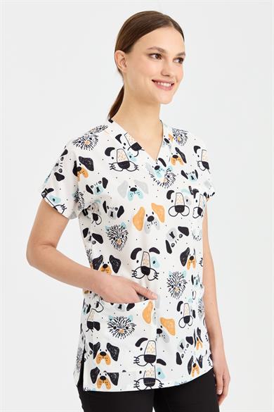 Carnival Basic -  Desenli Hemşire Doktor Veteriner Tek Üst Forma (UNISEX) / Köpek