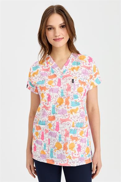 Carnival Basic -  Desenli Hemşire Doktor Veteriner Tek Üst Forma (UNISEX) / Renkli Kediler