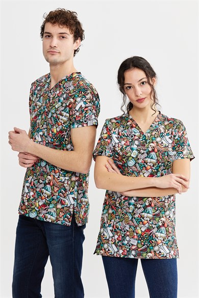 Carnival Basic -  Desenli Hemşire Doktor Veteriner Tek Üst Forma (UNISEX) / Medikal
