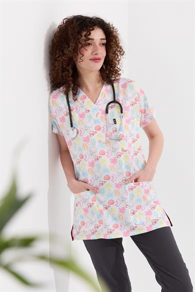Carnival Basic - Desenli Hemşire Doktor Veteriner Tek Üst Forma (UNISEX), Renkli Organlar