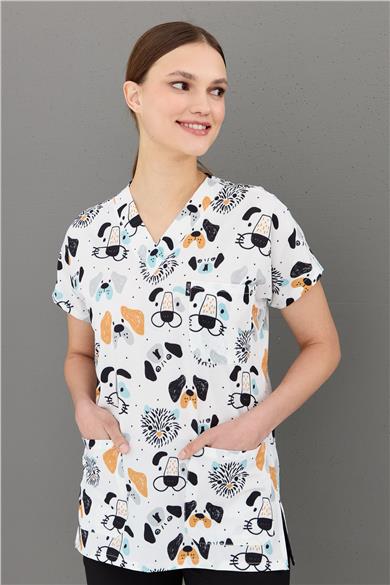 Carnival Basic -  Desenli Hemşire Doktor Veteriner Tek Üst Forma (UNISEX) / Köpek