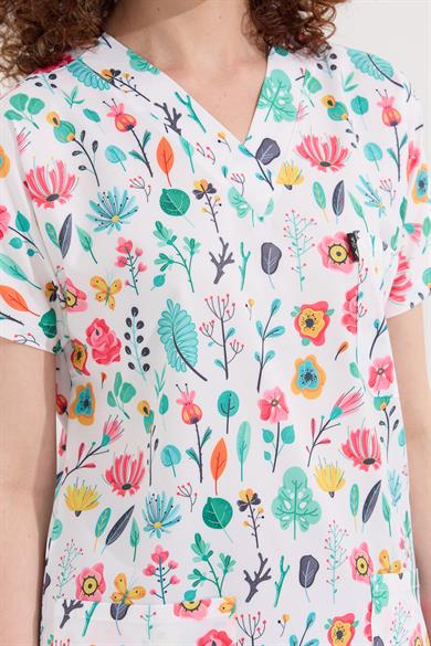 Carnival Basic - Desenli Hemşire Doktor Veteriner Tek Üst Forma (UNISEX), Sulu Boya Çiçek